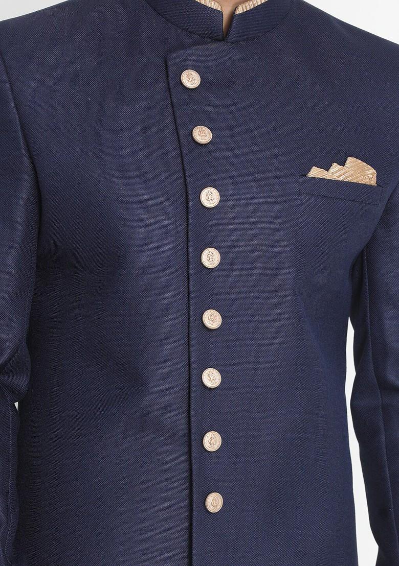 Navy Blue Solid Cotton Indowestern Sherwani Set For Men