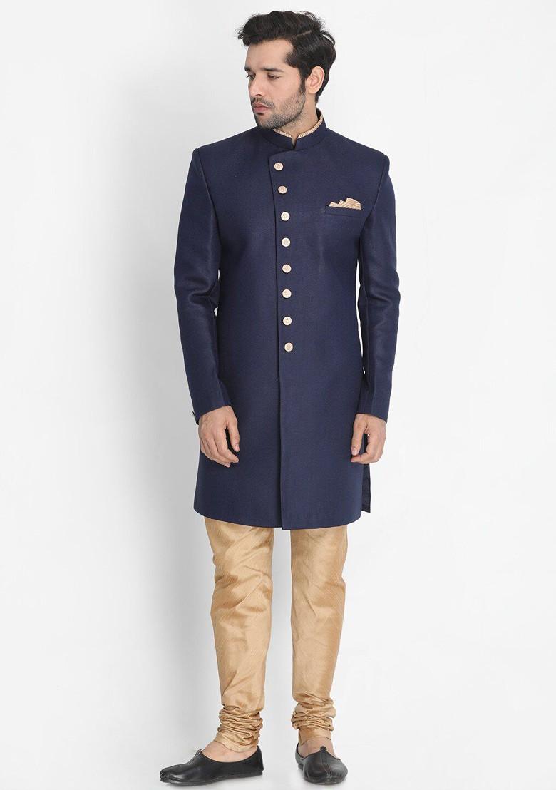 Navy Blue Solid Cotton Indowestern Sherwani Set For Men