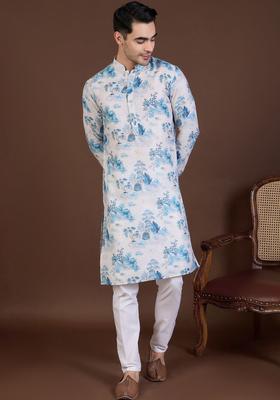 White Printed Linen Kurta Set For Men