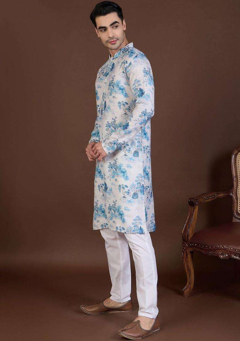 White Printed Linen Kurta Set For Men - Indya
