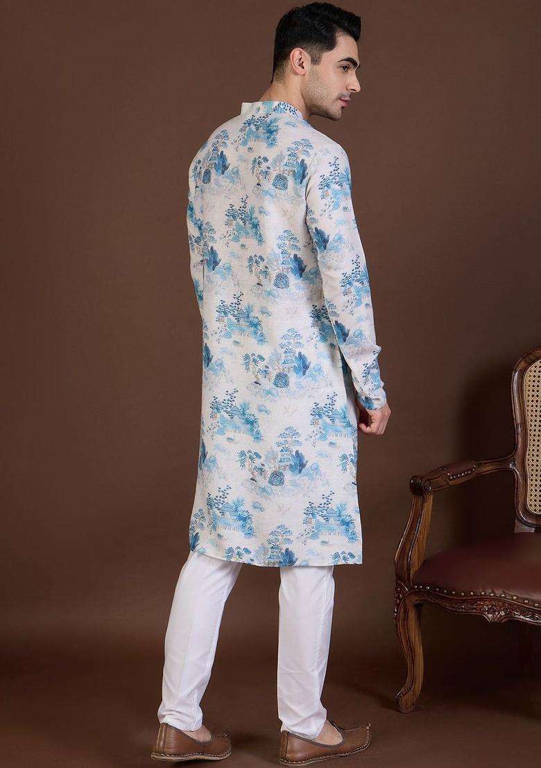 White Printed Linen Kurta Set For Men - Indya
