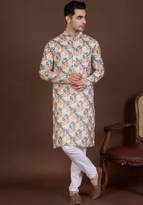 Beige Printed Linen Kurta Set For Men