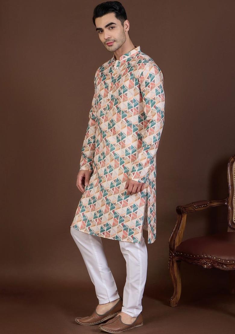 Beige Printed Linen Kurta Set For Men - Indya