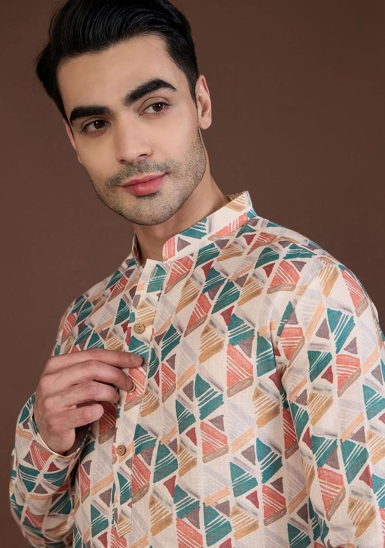 Beige Printed Linen Kurta Set For Men - Indya