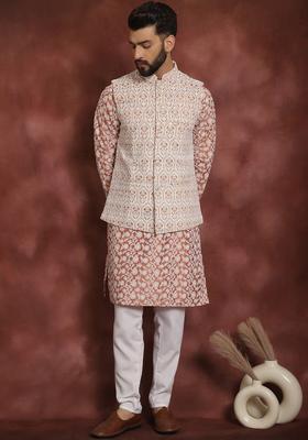 Peach Embroidered Silk Kurta Set For Men