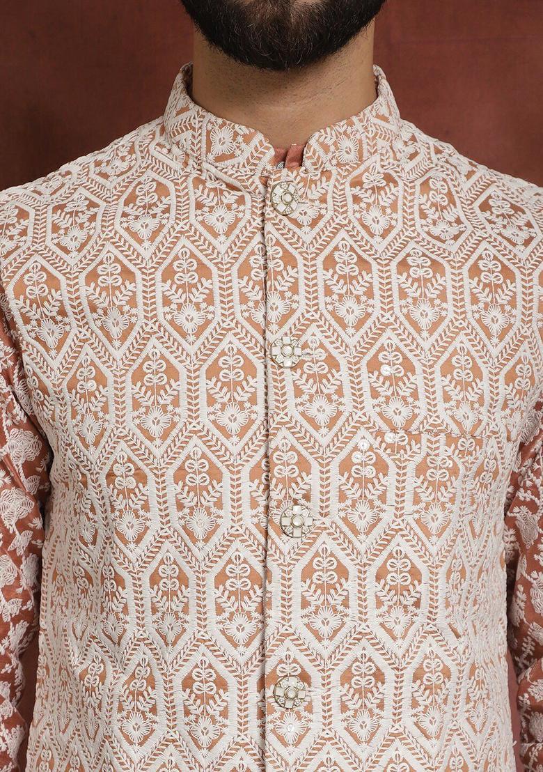 Peach Embroidered Silk Kurta Set For Men - Indya