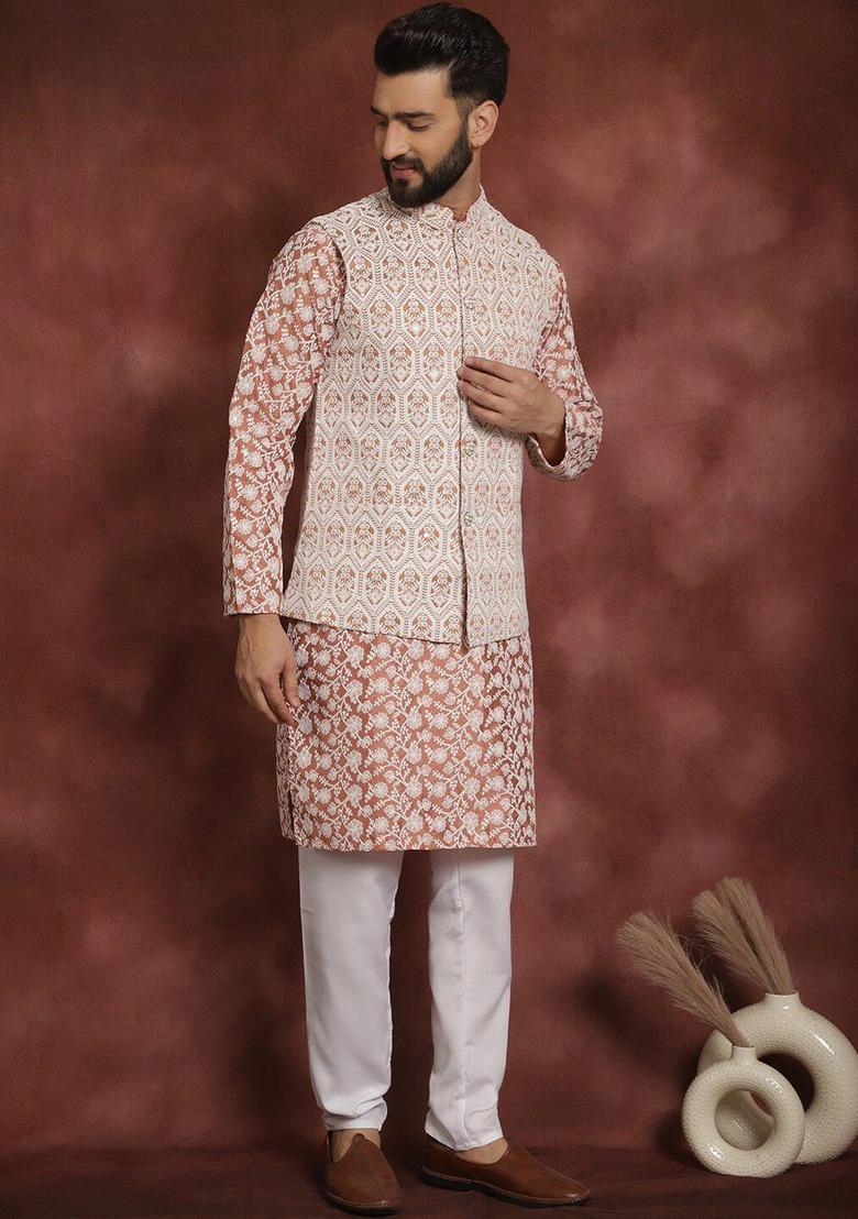 Peach Embroidered Silk Kurta Set For Men - Indya