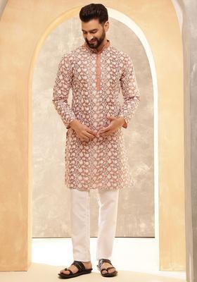 Peach Embroidered Silk Kurta Set For Men