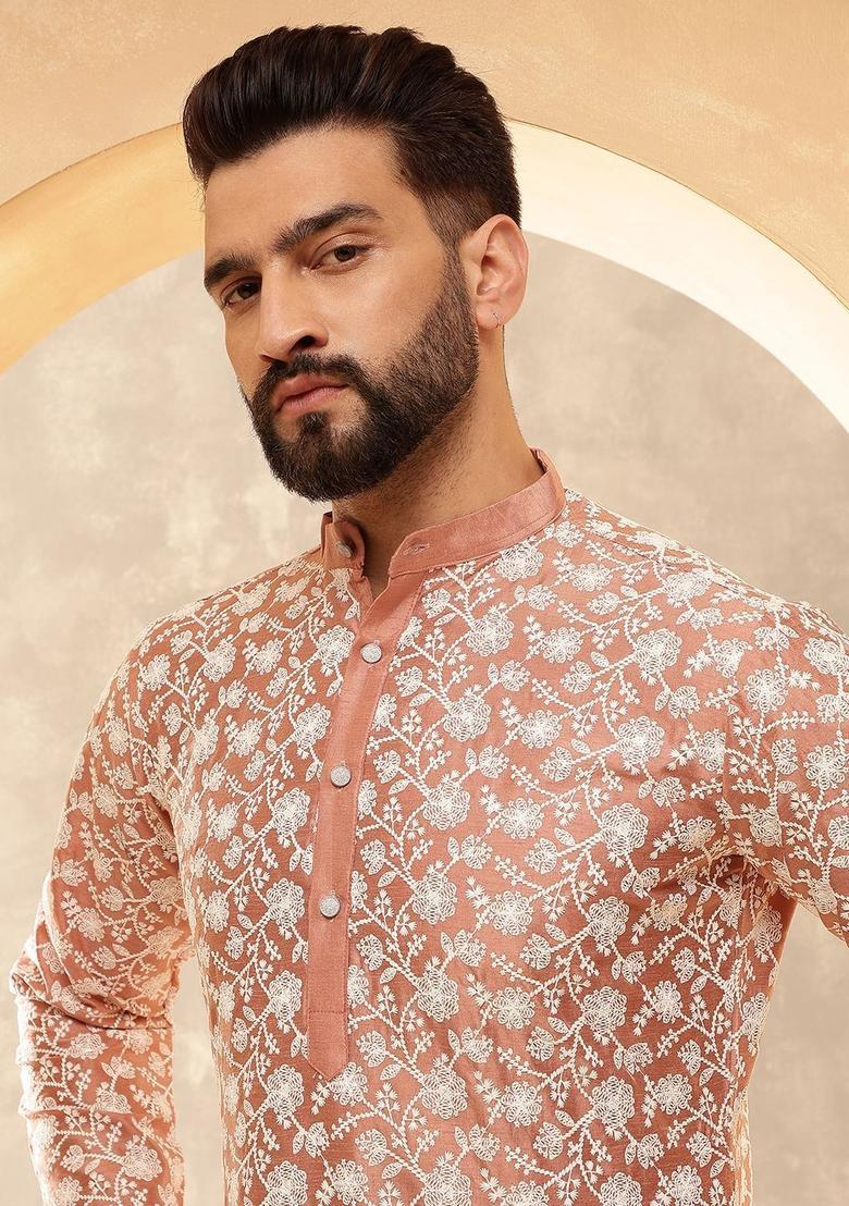 Peach Embroidered Silk Kurta Set For Men - Indya