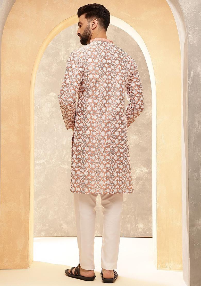 Peach Embroidered Silk Kurta Set For Men - Indya