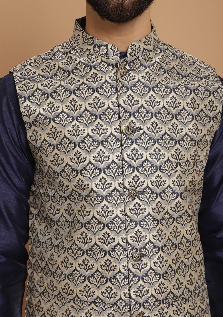 Blue Solid Silk Kurta Set For Men - Indya