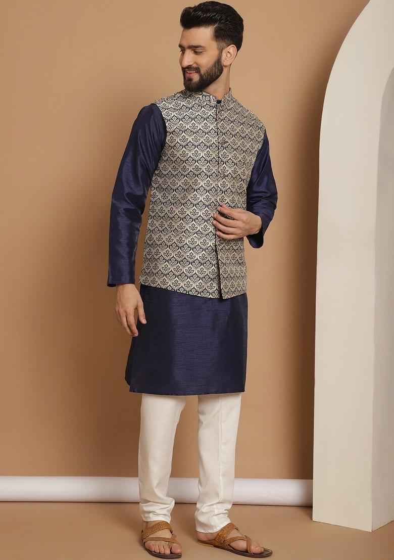 Blue Solid Silk Kurta Set For Men - Indya