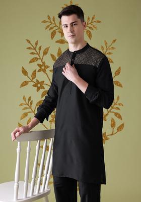 Black Woven Design Viscose Kurta Set For Men