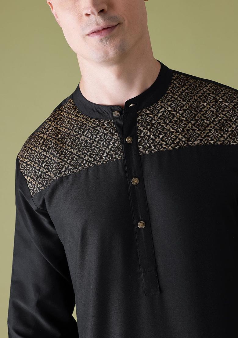 Black Woven Design Viscose Kurta Set For Men - Indya
