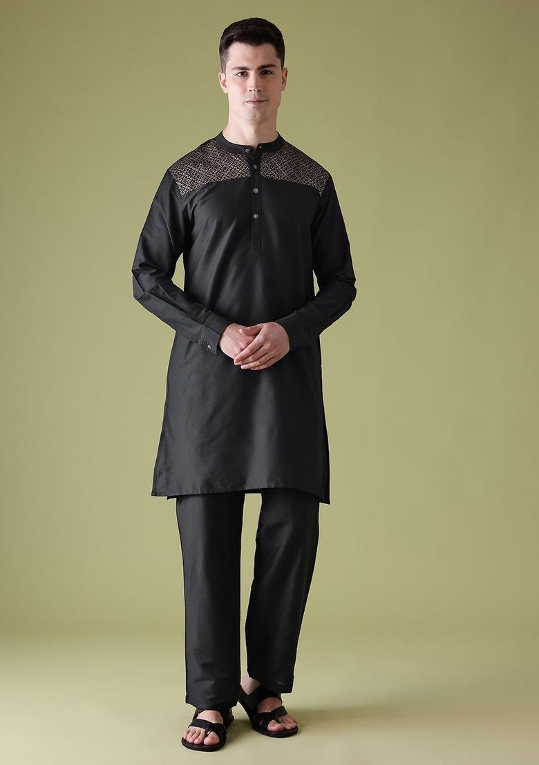 Black Woven Design Viscose Kurta Set For Men - Indya