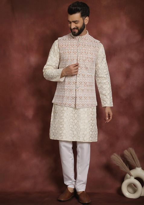 Beige Embroidered Silk Kurta Set For Men