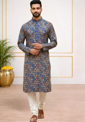 Blue Printed Polyester Kurta Set For Men