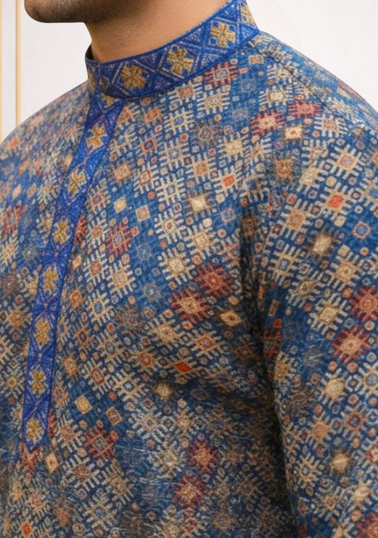 Blue Printed Polyester Kurta Set For Men - Indya
