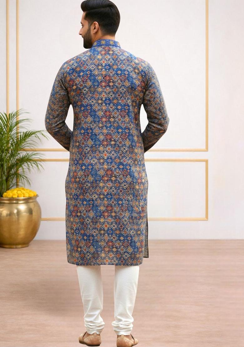 Blue Printed Polyester Kurta Set For Men - Indya