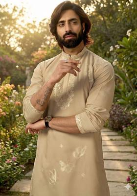 Beige Embroidered Cotton Kurta Set For Men