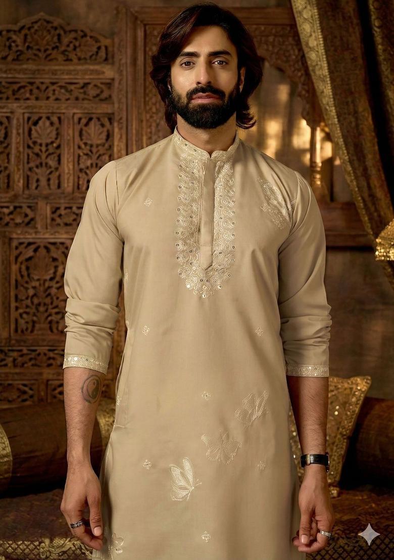 Beige Embroidered Cotton Kurta Set For Men - Indya