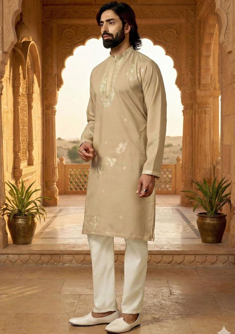 Beige Embroidered Cotton Kurta Set For Men - Indya