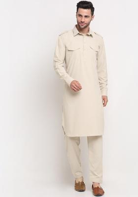 Beige Solid Cotton Kurta Set For Men