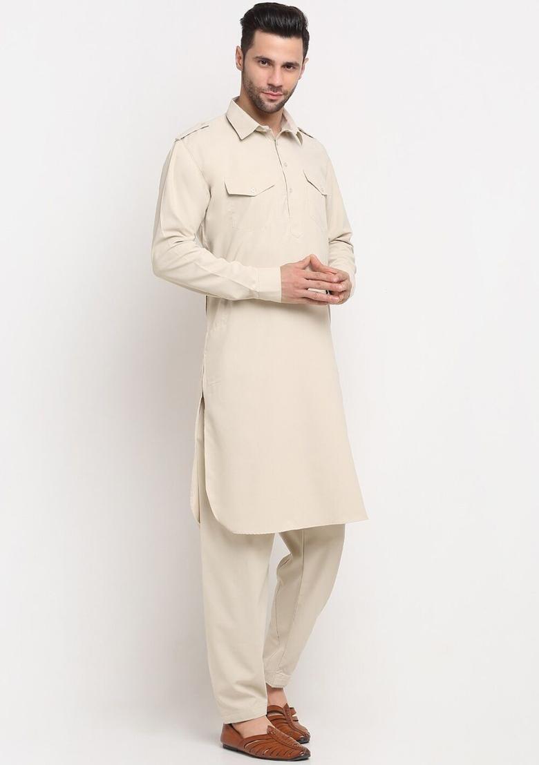 Beige Solid Cotton Kurta Set For Men - Indya