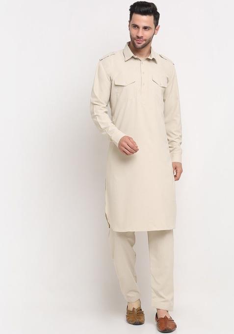 Beige Solid Cotton Kurta Set For Men