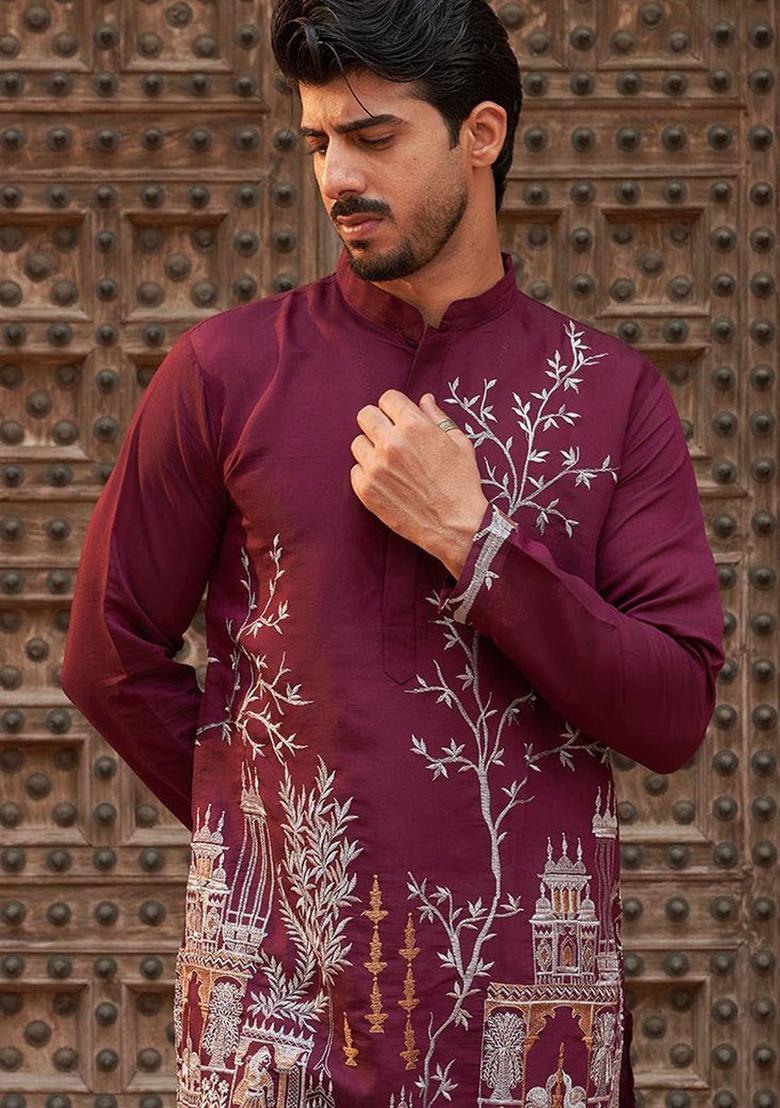 Purple Embroidered Silk Kurta Set For Men - Indya