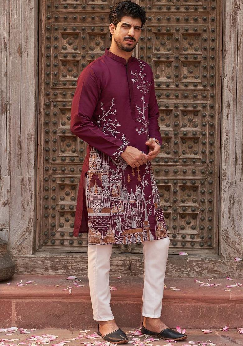 Purple Embroidered Silk Kurta Set For Men - Indya