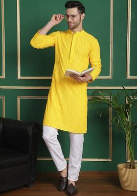 Yellow Embroidered Viscose Kurta Set For Men