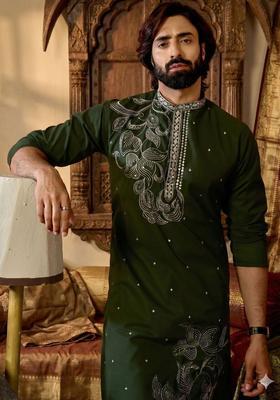 Green Embroidered Silk Kurta Set For Men