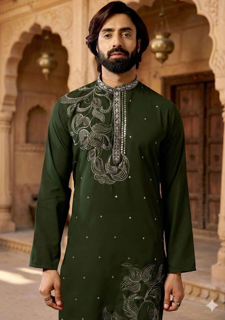 Green Embroidered Silk Kurta Set For Men - Indya