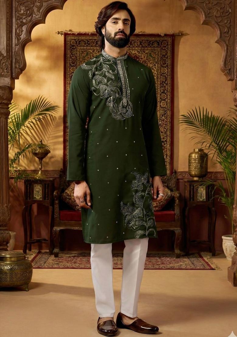 Green Embroidered Silk Kurta Set For Men - Indya