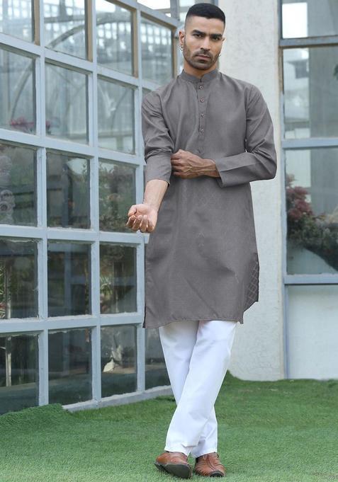 Grey Self Design Cotton Kurta Set For Men