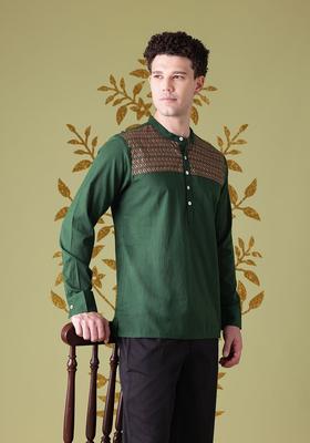 Green Printed Polyester Kurta Set For Men