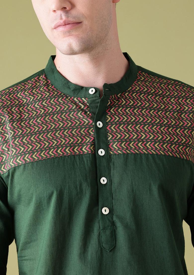 Green Printed Polyester Kurta Set For Men - Indya