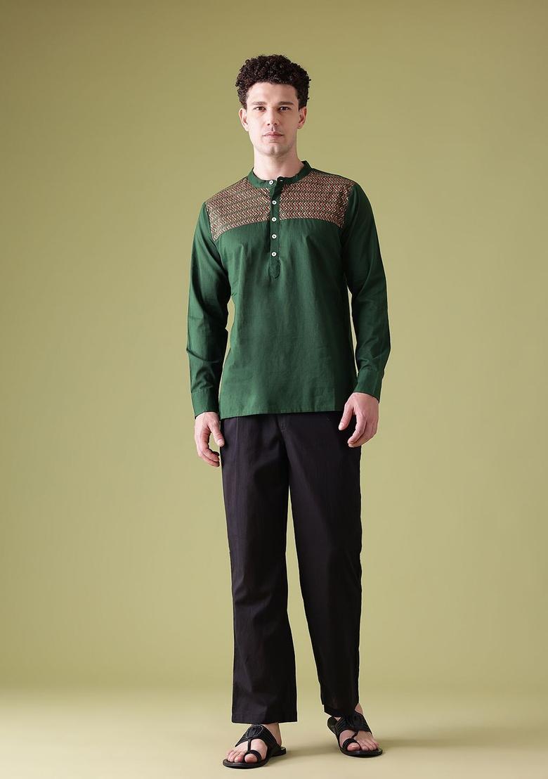 Green Printed Polyester Kurta Set For Men - Indya