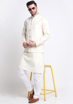 Beige Embroidered Cotton Kurta Set For Men