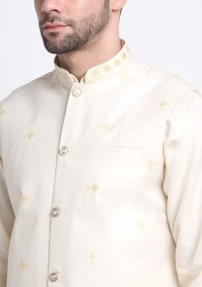 Beige Embroidered Cotton Kurta Set For Men - Indya