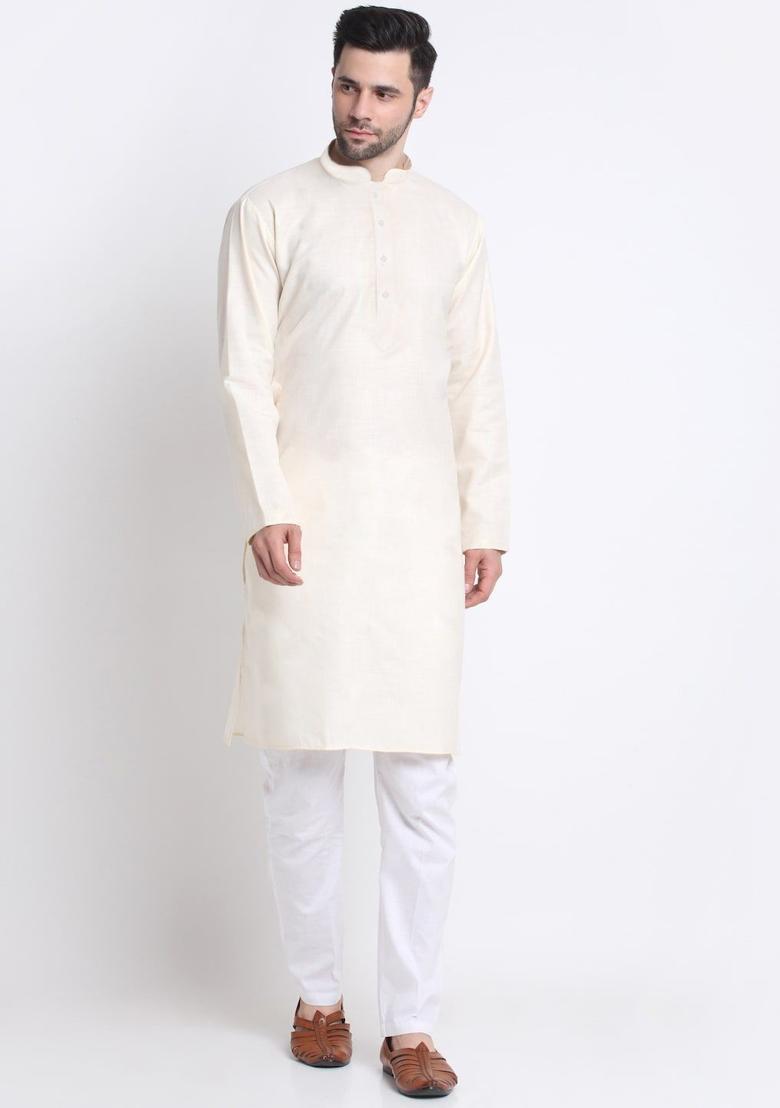Beige Embroidered Cotton Kurta Set For Men - Indya