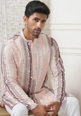 Pink Embroidered Silk Kurta Set For Men