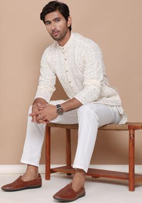 Beige Embroidered Cotton Kurta Set For Men