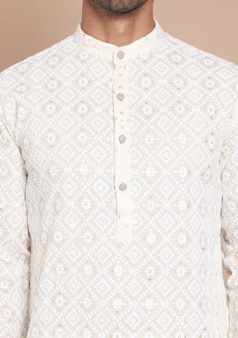 Beige Embroidered Cotton Kurta Set For Men - Indya