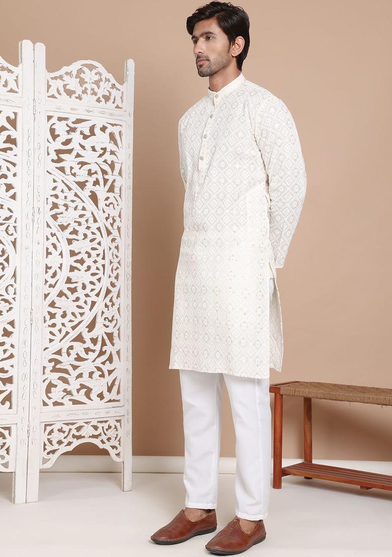 Beige Embroidered Cotton Kurta Set For Men - Indya