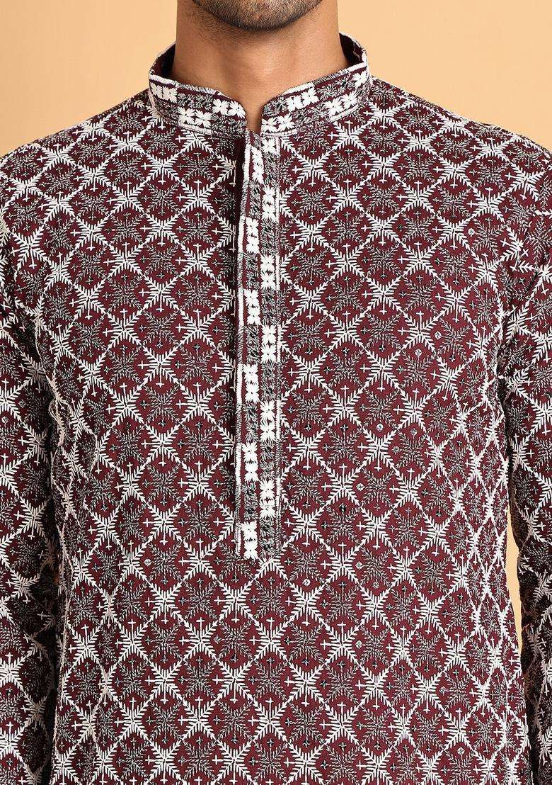Purple Embroidered Viscose Kurta Set For Men - Indya