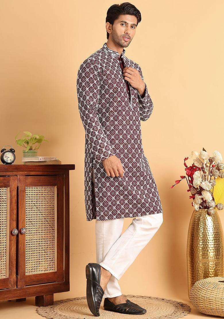 Purple Embroidered Viscose Kurta Set For Men - Indya