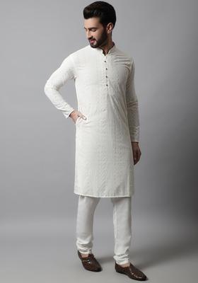 Beige Self Design Cotton Kurta Set For Men
