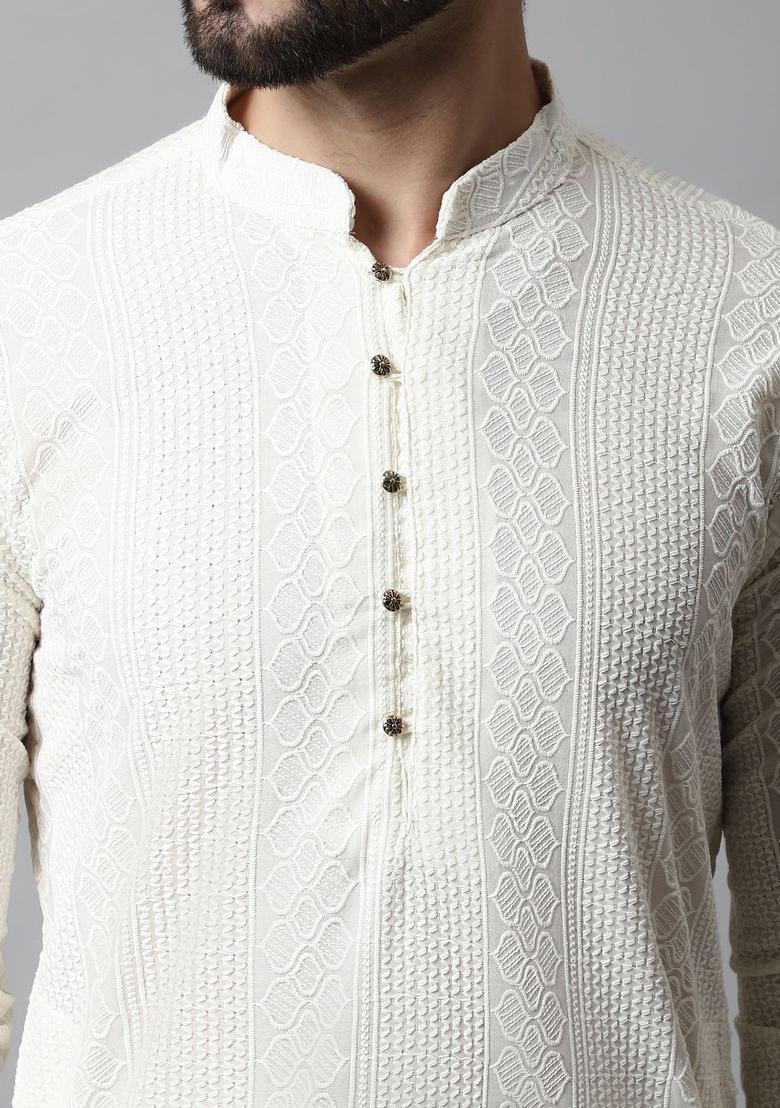 Beige Self Design Cotton Kurta Set For Men - Indya